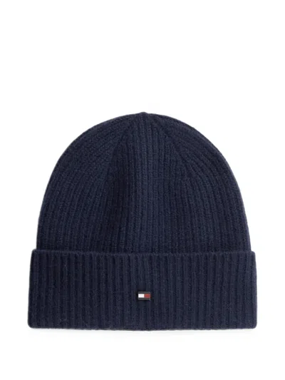 Tommy Hilfiger Ribbed-knit Logo-plaque Beanie Hat In Black