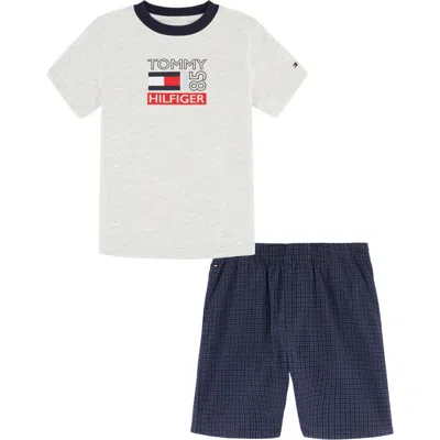 Tommy Hilfiger Babies'  Ringer Graphic T-shirt & Plaid Shorts Set In Heather Grey