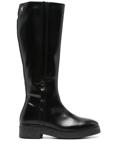 Tommy Hilfiger Round-toe Leather Boots In Black