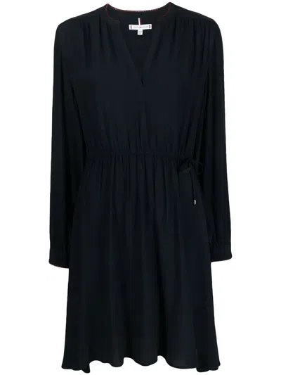 Tommy Hilfiger Ruched V-neck Long-sleeved Dress In Blue