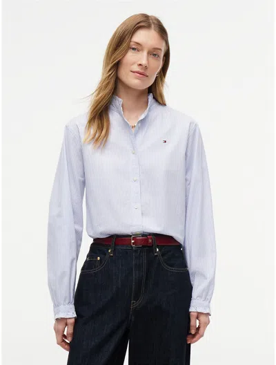 Tommy Hilfiger Ruffle Trim Cropped Oxford Shirt In Blue