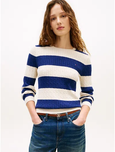 Tommy Hilfiger Rugby Stripe Cable Knit Sweater In White