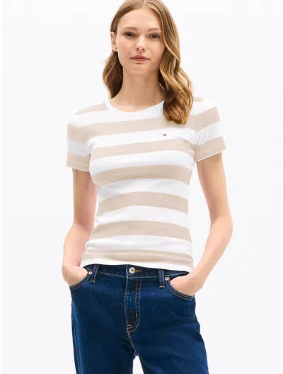 Tommy Hilfiger Rugby Stripe Crewneck T In Beige Heather