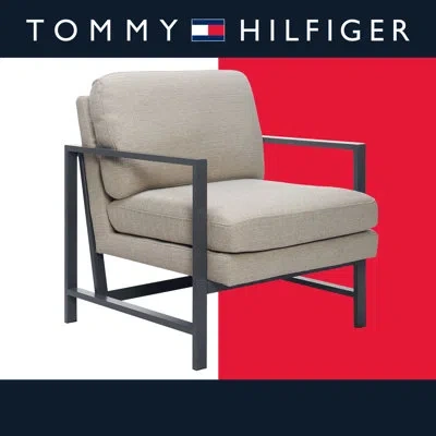 Tommy Hilfiger Russell Square Metal Frame Accent Chair, Mid-century Modern, Medium-soft Pillow Back In Linen,gray