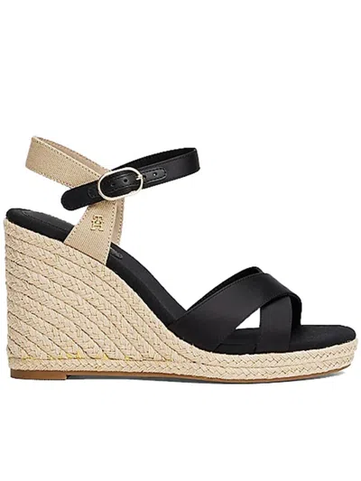 Tommy Hilfiger Satin High Wedge Espadrille Shoes In Black