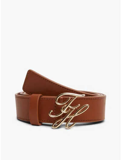 Tommy Hilfiger Script Monogram Buckle Leather Belt In Brown