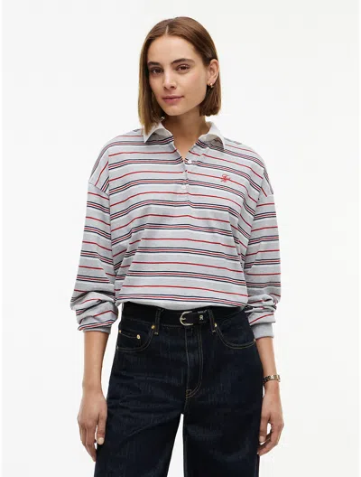 Tommy Hilfiger Script Monogram Striped Rugby Sweatshirt In Stripe Light Grey