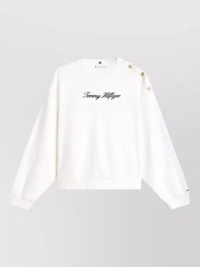 Tommy Hilfiger Script Terry Sweatshirt Gold Button Detail In White