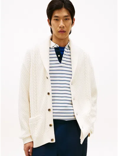 Tommy Hilfiger Shawl Collar Cable Knit Cardigan In White