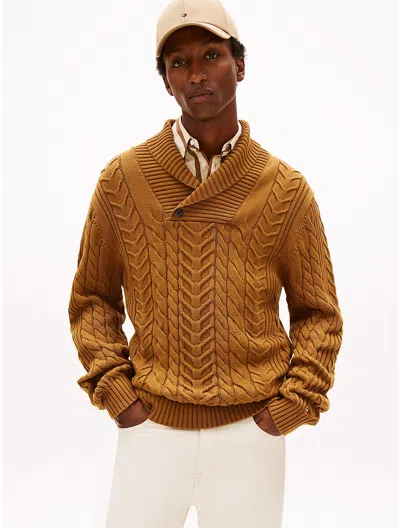 Tommy Hilfiger Shawl Collar Cable Knit Sweater In Brown