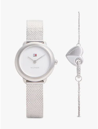 Tommy Hilfiger Shimmer Watch & Heart Bracelet Gift Set In Silver