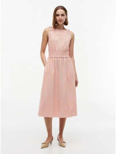 Tommy Hilfiger Shirred Gingham Seersucker Midi Dress In Pink