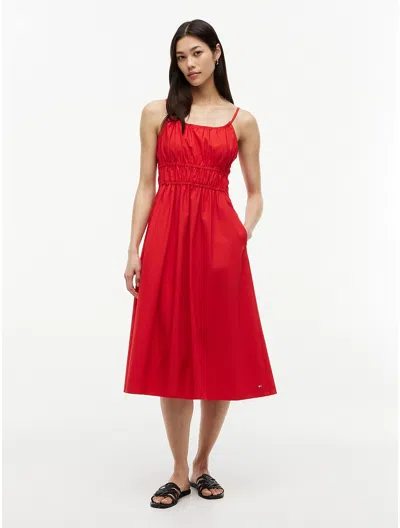 Tommy Hilfiger Shirred Poplin Midi Dress In Red
