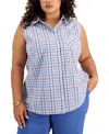 Tommy Hilfiger Shirt Top Women Blue Plaid Cotton Sleeveless Button Up Fts1058 In Blue