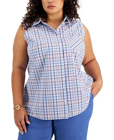 Tommy Hilfiger Shirt Top Women Blue Plaid Cotton Sleeveless Button Up Fts1058