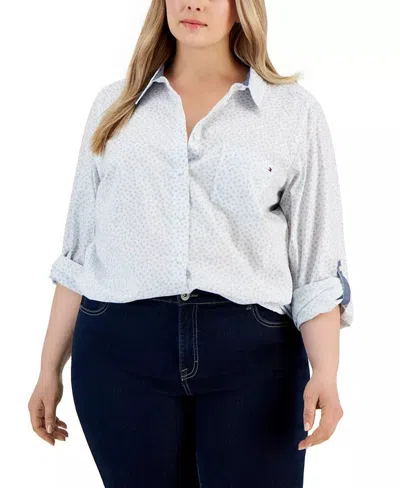 Tommy Hilfiger Shirt Womens 0x White Floral Roll-tab Sleeve Button Up Fts1158