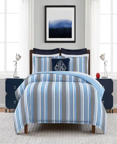 Tommy Hilfiger Shirting Stripe 3 Piece Comforter Set, Full/queen In Blue