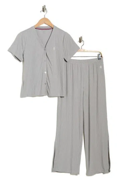 Tommy Hilfiger Short Sleeve Button-up Top & Pants Pajamas In Gray
