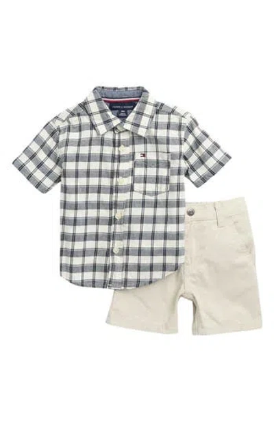 Tommy Hilfiger Babies'  Short Sleeve Cotton Button-up Shirt & Shorts Set In Beige/grey Multi
