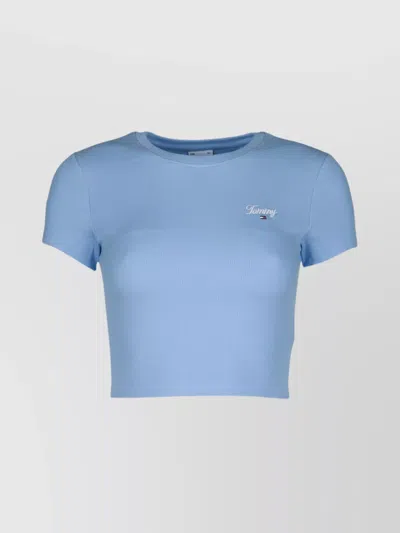 Tommy Hilfiger Short Sleeve Ribbed Cropped Top In Blue
