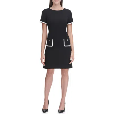 Tommy Hilfiger Short Sleeve Scuba Crepe Contrast Trim Dress In Sky Captain/ivory