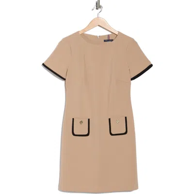 Tommy Hilfiger Short Sleeve Scuba Crepe Contrast Trim Dress In Neutral