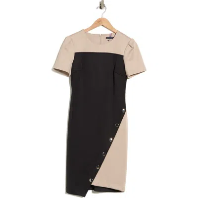 Tommy Hilfiger Short Sleeve Scuba Sheath Dress In Blk/khaki