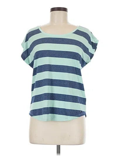 Pre-owned Tommy Hilfiger Short Sleeve Top Teal Scoop Neck Tops In Blue