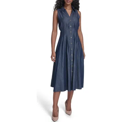 Tommy Hilfiger Sleeveless Cotton Blend Chambray Shirtdress In Blue