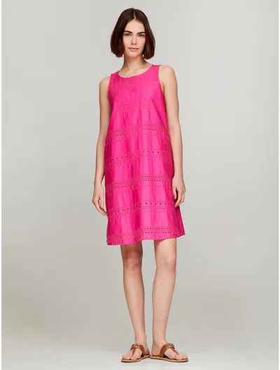 Tommy Hilfiger Sleeveless Embroidered Eyelet Dress In Pink Passion