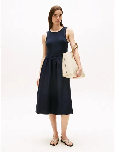 Tommy Hilfiger Sleeveless Mixed Media Midi Dress In Blue