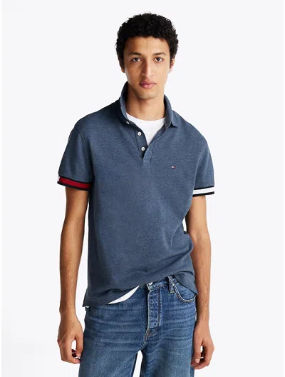 Tommy Hilfiger Slim Fit Flag Cuff Polo In Faded Indigo Heather