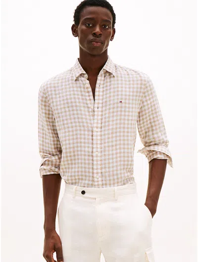 Tommy Hilfiger Slim Fit Gingham Print Linen Shirt In Sandalwood Check