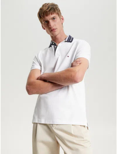 Tommy Hilfiger Slim Fit Logo Collar Mouline Polo In White