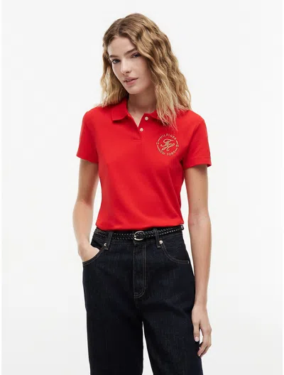 Tommy Hilfiger Slim Fit Metallic Script Monogram Polo In Fire Red