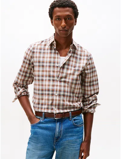 Tommy Hilfiger Slim Fit Plaid Poplin Shirt In Brown