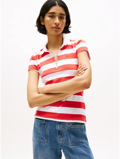 Tommy Hilfiger Slim Fit Rugby Stripe Zip Polo In White