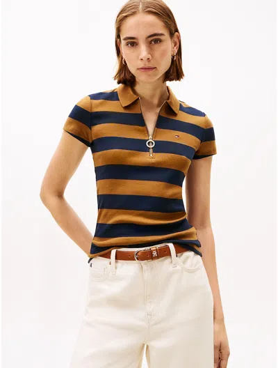 Tommy Hilfiger Slim Fit Rugby Stripe Zip Polo In Brown