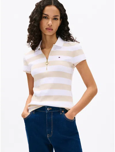 Tommy Hilfiger Slim Fit Rugby Stripe Zip Polo In Classic Beige