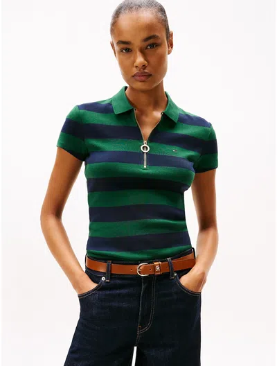 Tommy Hilfiger Slim Fit Rugby Stripe Zip Polo In Green