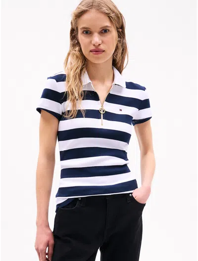 Tommy Hilfiger Slim Fit Rugby Stripe Zip Polo In Navy