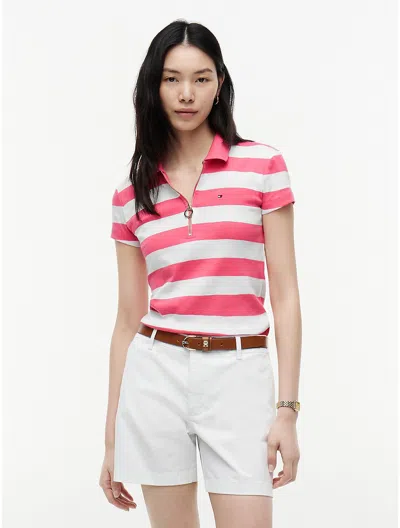Tommy Hilfiger Slim Fit Rugby Stripe Zip Polo In Pink
