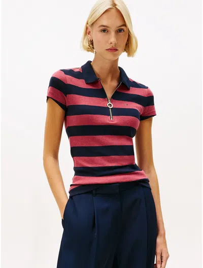 Tommy Hilfiger Slim Fit Rugby Stripe Zip Polo In Red