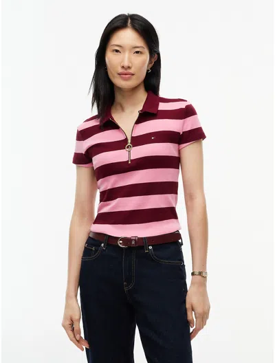 Tommy Hilfiger Slim Fit Rugby Striped Zip Polo In Pink