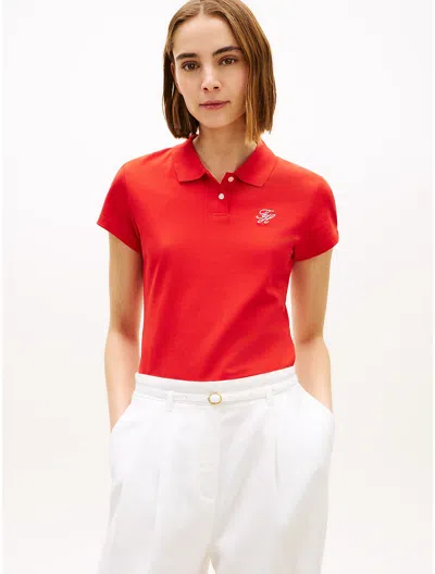 Tommy Hilfiger Slim Fit Script Monogram Stretch Polo In Red