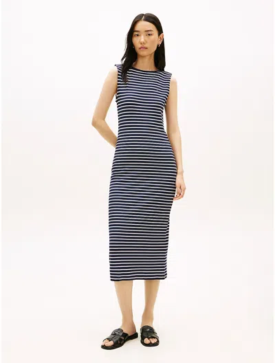 Tommy Hilfiger Slim Fit Stripe Boatneck Midi Dress In Blue