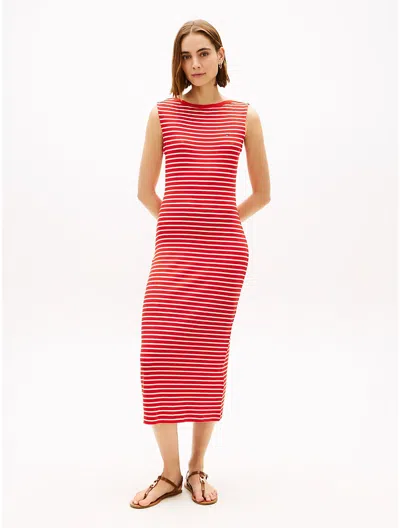 Tommy Hilfiger Slim Fit Stripe Boatneck Midi Dress In Pink