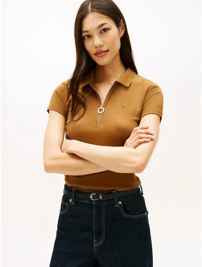 Tommy Hilfiger Slim Fit Zip Polo In Brown
