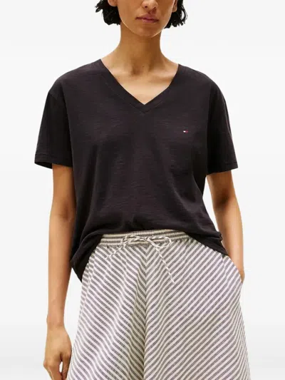 Tommy Hilfiger Slub-texture V-neck T-shirt In Black