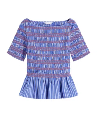 Tommy Hilfiger Smock Stripe Ruffle Boat Neck Top In Blue